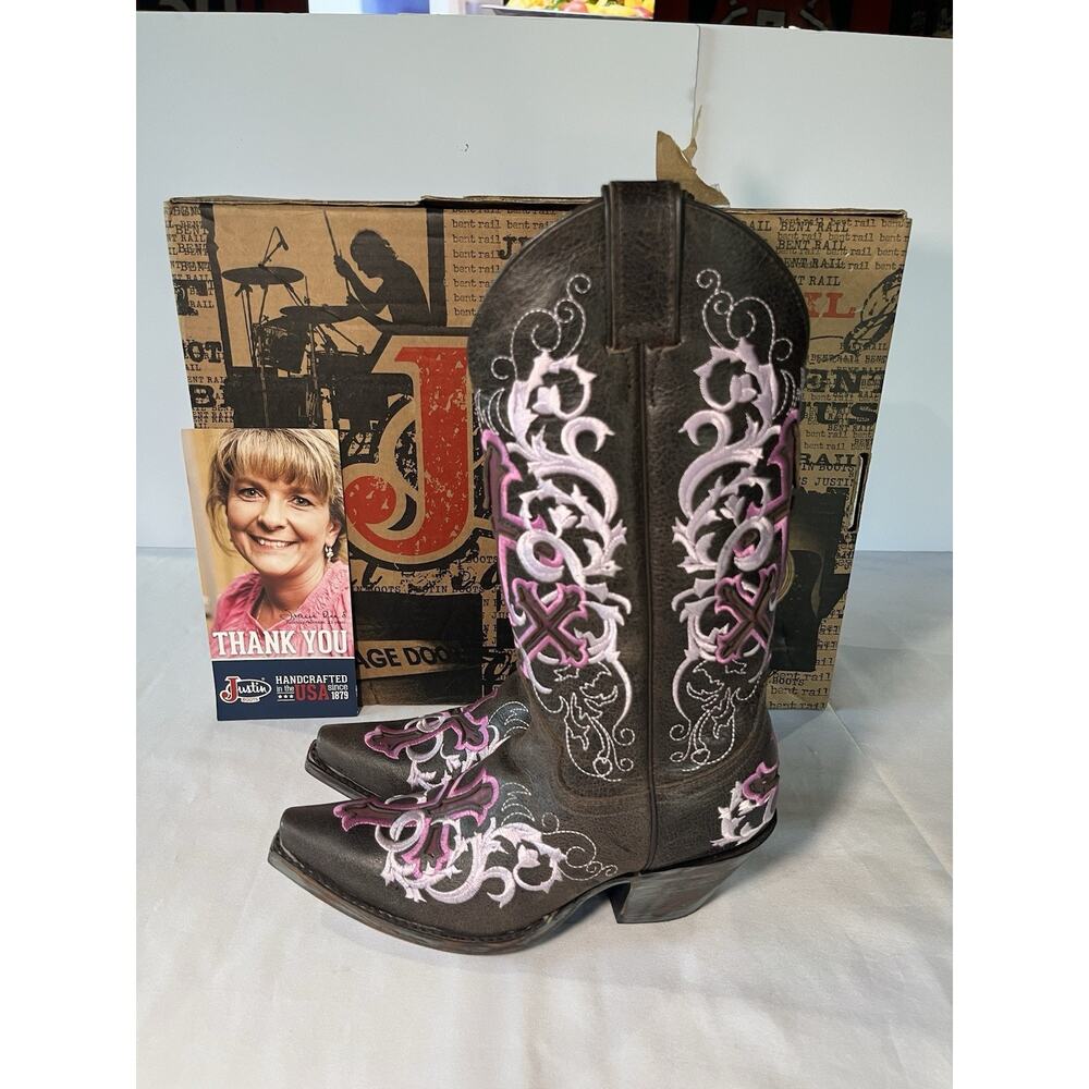 NWT JUSTIN Tall Leather Snip Toe Western Cowgirl Boots 6.5B Brown Pink Cross NIB